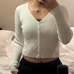 Brandy Melville Cream Ribbed Button-Up Crop Top